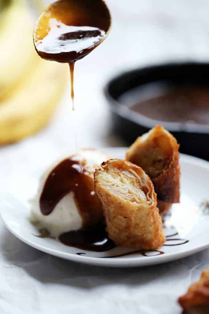 Bananas foster egg rolls with rum caramel sauce and coconut ice cream | ripe banana recipes | banana recipe | bananas foster