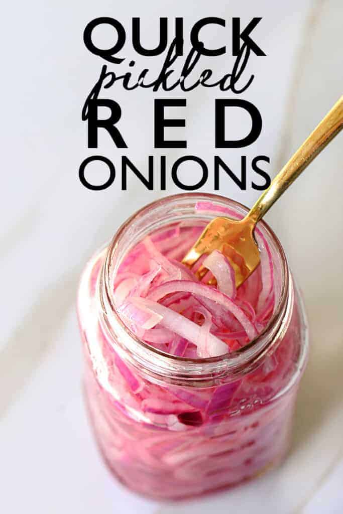 Quick Pickled Red Onions are an essential easy to make condiment that adds bright flavor and a subtle spiciness to salads, sandwiches, burgers, tacos and everything in between. pickled red onions | easy recipe |refrigerator pickles | homemade condiment