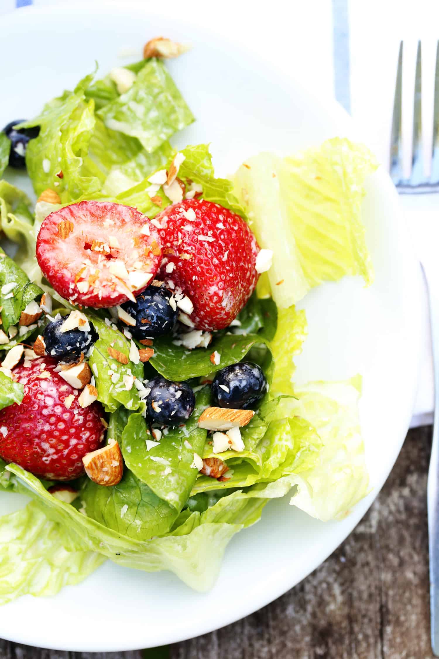 Red, White and Blue Summer Fruit Salad with Creamy Lemon Dressing is the perfect light, refreshing summer salad to bring to parties, picnics and potlucks. fruit salad recipe | strawberry salad | summer salad lemon dressing | potluck recipe | picnic salad