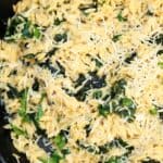 Close up view of kale orzo salad recipe.