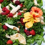 Raspberry kale salad recipe with shrub vinaigrette salad dressing.