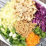 A colorful mix of fresh ingredients before the sesame chicken salad recipe is combined.