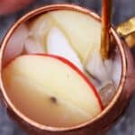 Apple cider spritz cocktail recipe served in a copper mug garnished with apple slices.