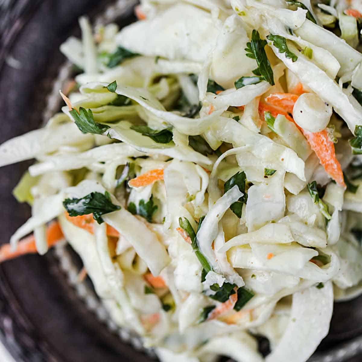 Close up of cabbage slaw recipe.