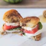 Watermelon caprese sandwiches with basil, mozzarella, sourdough and balsamic honey.