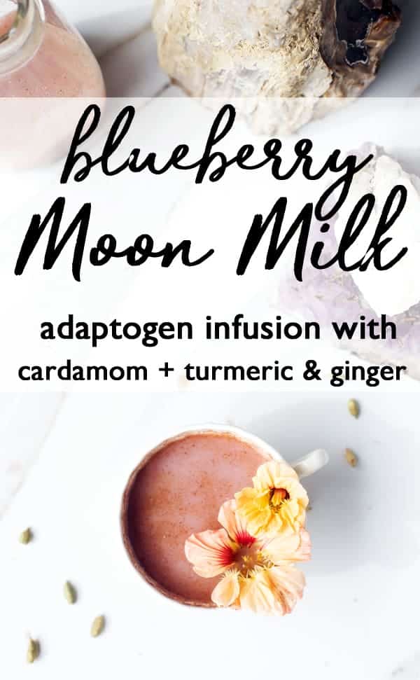  Blueberry Moon Milk will lull you to sleep with delicious and nourishing adaptogens, cardamom, turmeric and ginger. golden milk | turmeric milk | moon milk | adaptogens | adaptogenic herbs | blueberry milk | blueberry milk tea | what are adaptogens | what is ashwagandha | mucuna