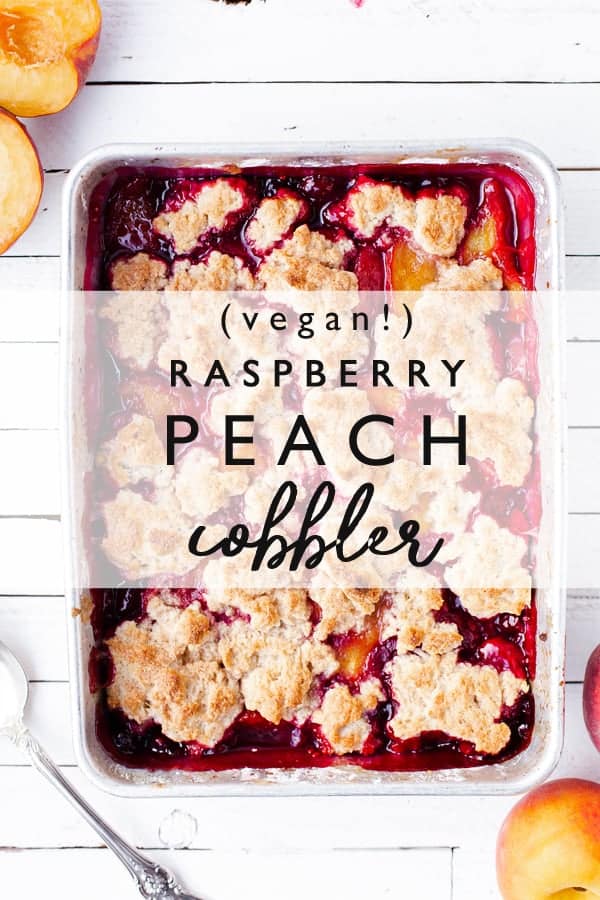 Vegan Raspberry Peach Cobbler is an easy dessert recipe highlighting peaches and raspberries with a vegan version of my favorite fluffy cobbler topping!  Peach cobbler recipe | vegan peach recipes | raspberry cobbler | peach melba cobbler | raspberry peach dairy free isa does it 