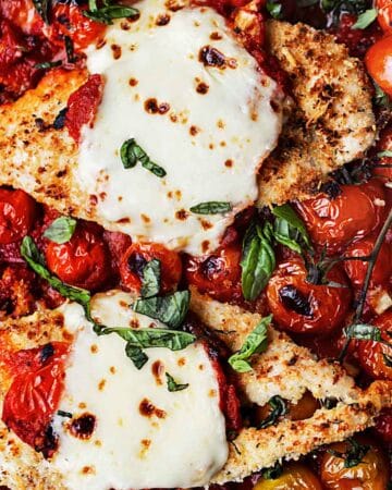 Baked Chicken Parmesan with Roasted Tomatoes is full of garlic, cheese, fresh herbs, and tomato sauce with bursted tomatoes and deep rich flavor. | easy baked chicken parmesan recipe