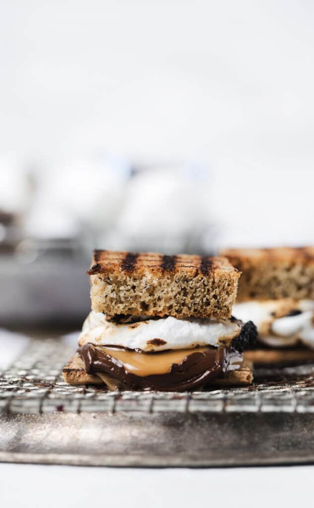 close up of banana bread s'more with gooey caramel
