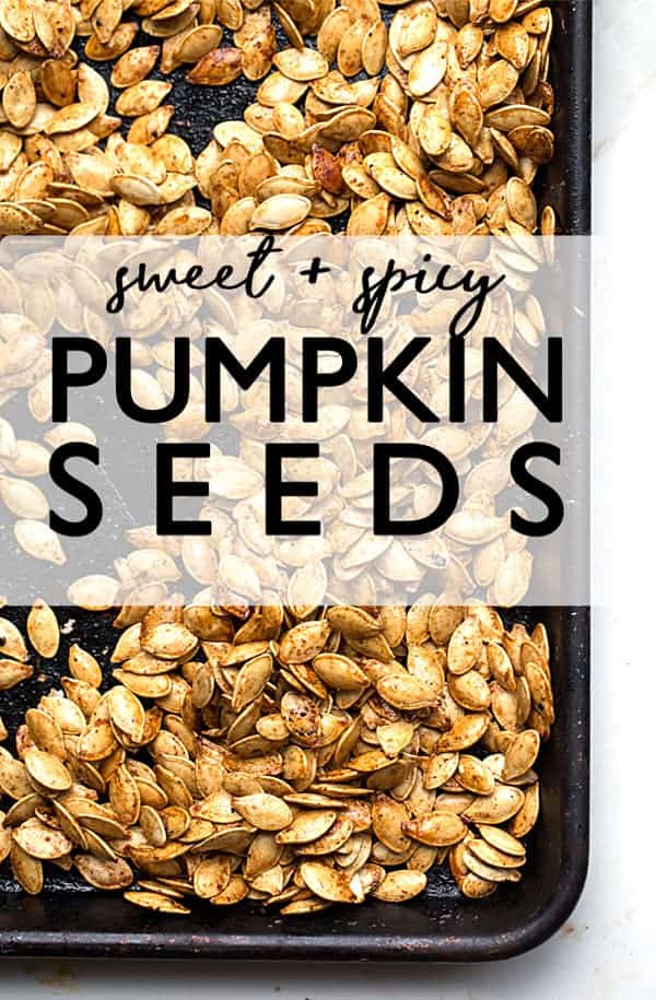 Sweet Spicy Roasted Pumpkin Seeds coated in savory brown sugar caramel that cools into  candy-like roasted pumpkin seed clusters. roasted pumpkin seeds | pumpkin seeds recipe | candied pumpkin seeds | savory caramel coated seeds