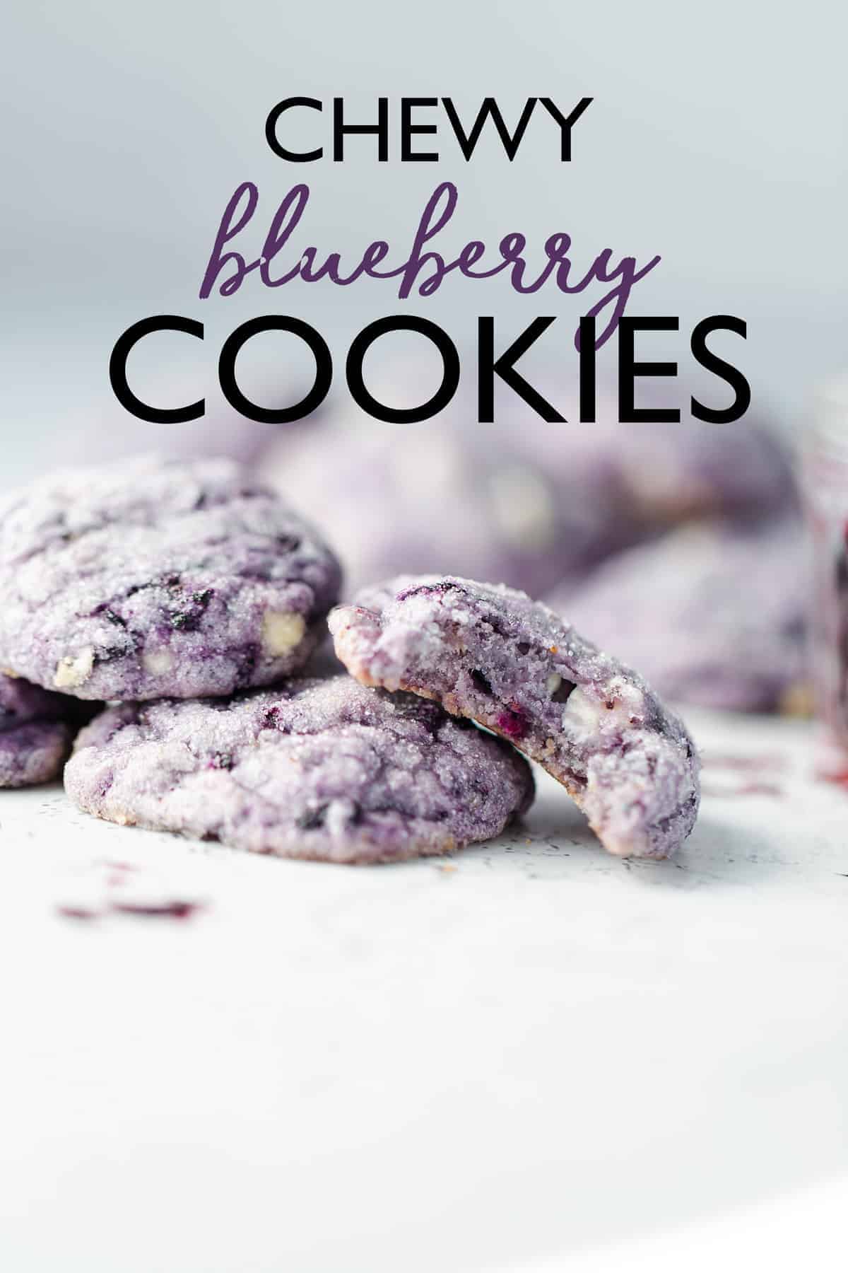 Vibrant purple chewy blueberry cookies infographic with title for social share.