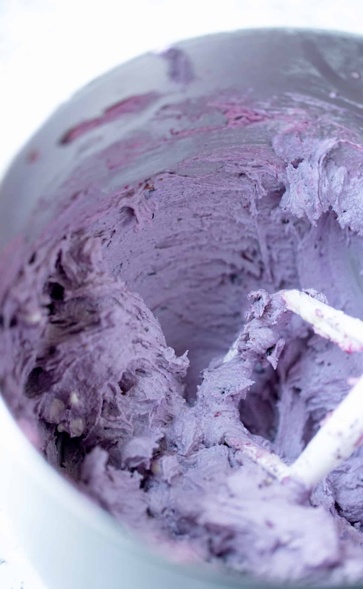 Purple blueberry cookie dough after being emulsified together like the blueberry cookie recipe calls for.