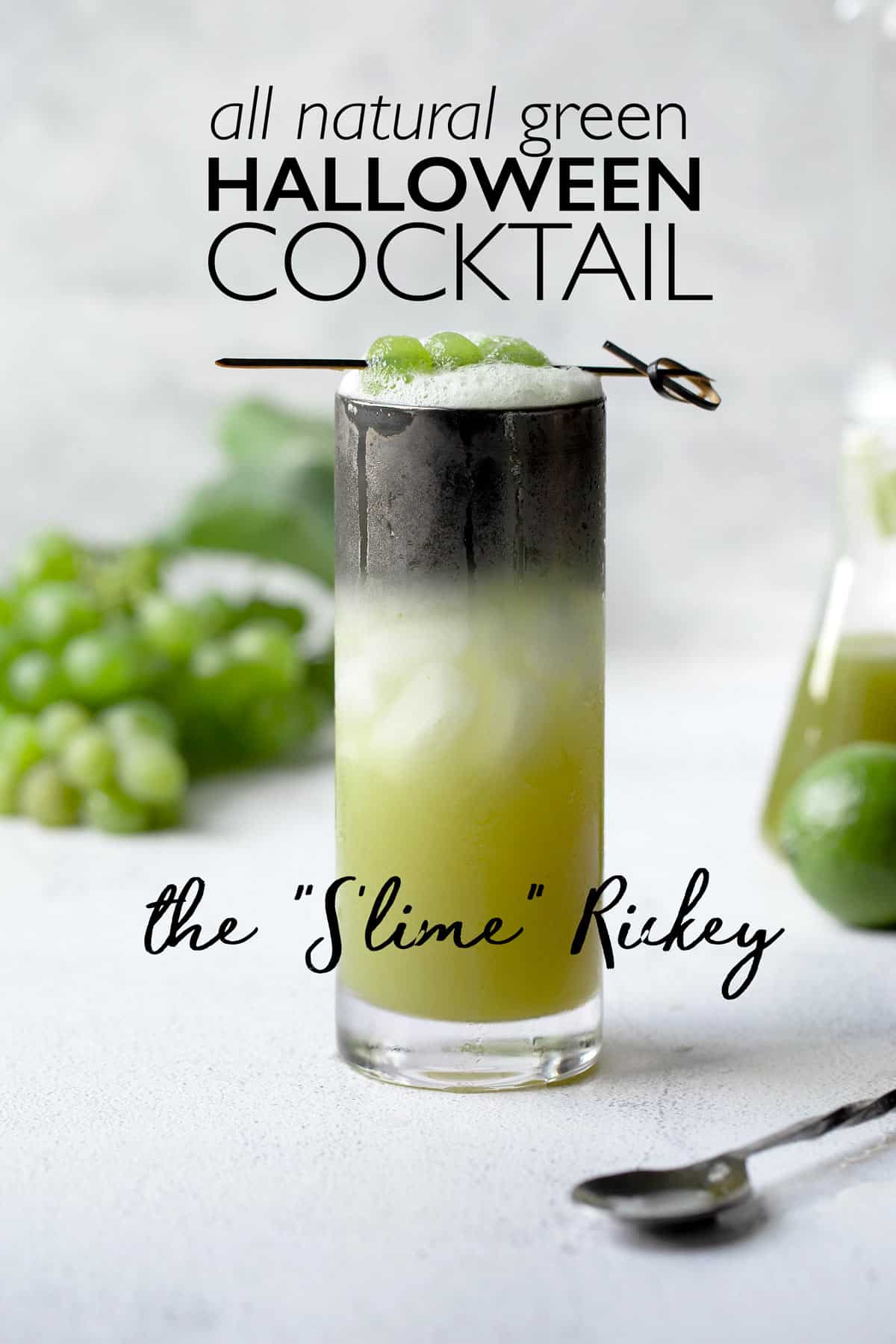 Slime Rickey's are an all natural green colored update to the classic gin rickey that's perfect served as a halloween cocktail! green cocktail | gin rickey recipe | Halloween cocktails