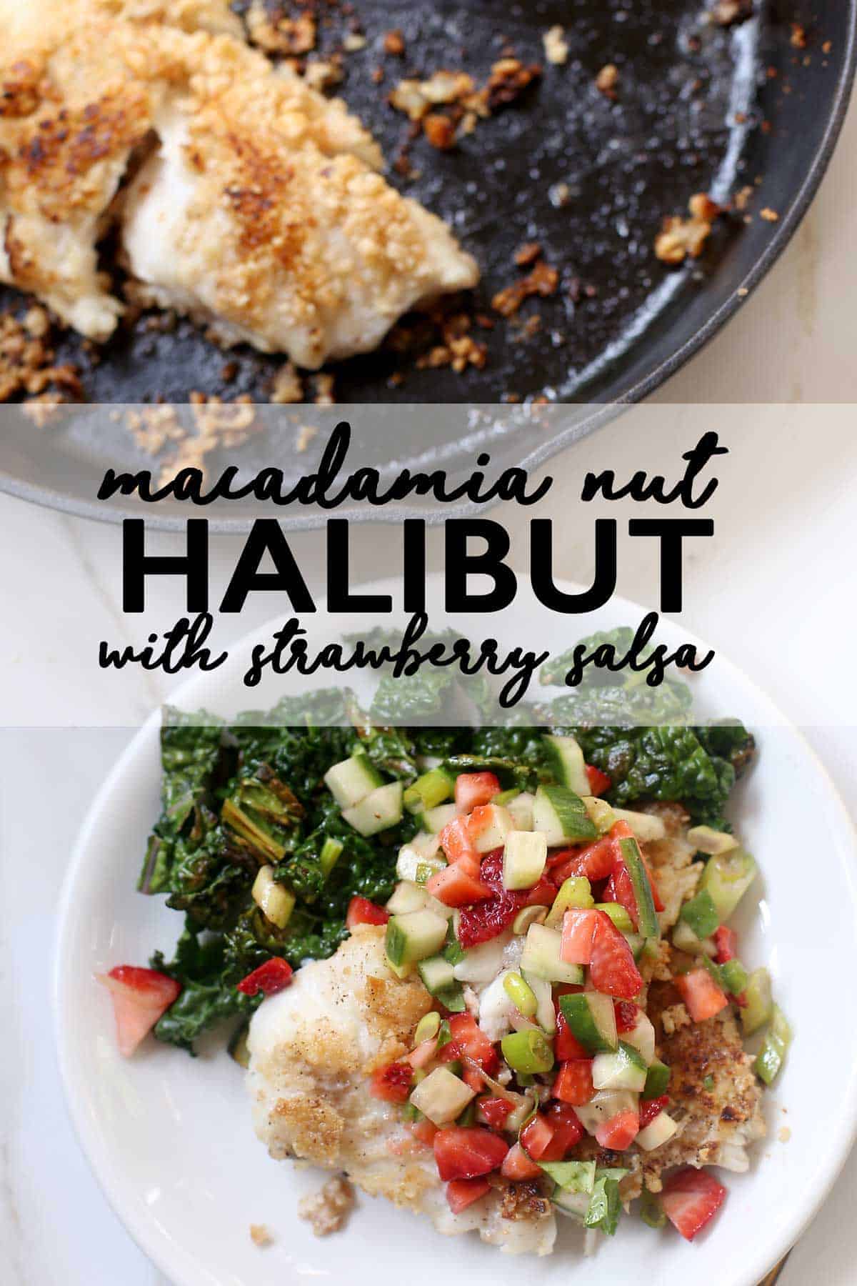 Macadamia Crusted Halibut with Strawberry Salsa is an amazing halibut recipe to cook when looking for a dairy free, healthy dinner recipe for Valentine's Day or any other weeknight dinner. halibut recipe | nut crusted fish | macadamia crusted halibut
