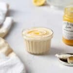 Lemon Mascarpone Fruit Dip is a three ingredient fruit dip recipe that tastes like lemon cheesecake in a dish! fruit dip recipes | mascarpone cream | cheesecake dip | lemon curd recipe