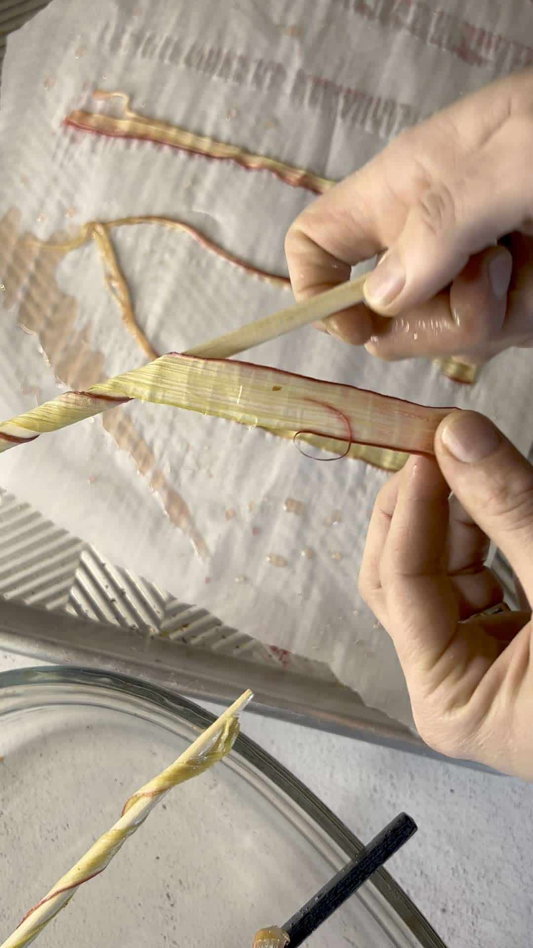 Candied Rhubarb Ribbons are the perfect chewy, sweet rhubarb recipe to enjoy as a snack or as a garnish for desserts and cocktails. candied rhubarb  | sugared rhubarb  | rhubarb recipe | dried rhubarb