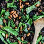 Beef and broccolini stir fry recipe with ground beef, peas and toasted almonds