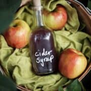 Apple cider syrup in a bottle.