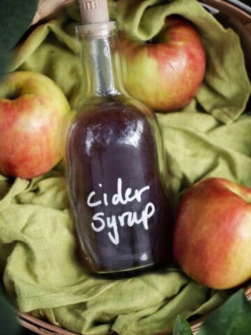 Apple cider syrup in a bottle.
