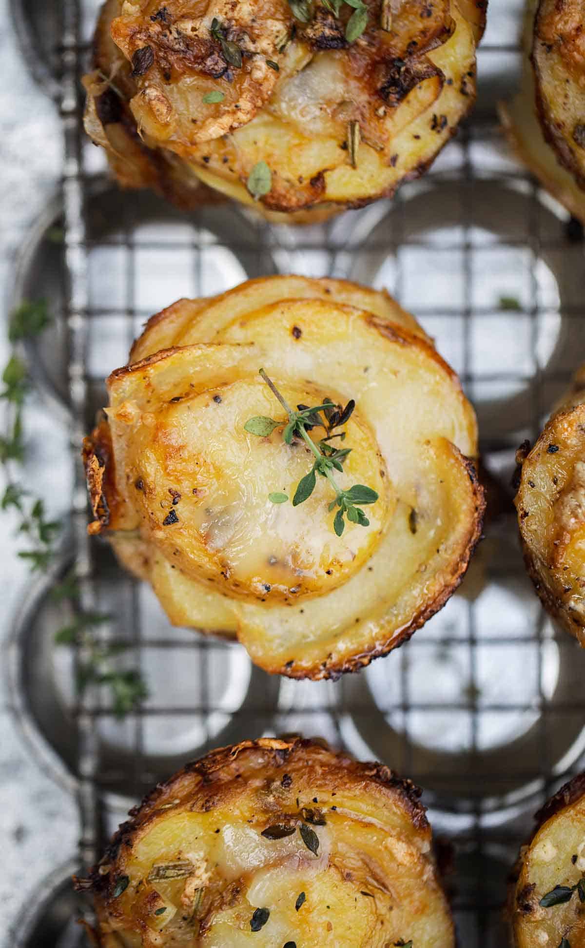 Crispy potato stackers recipe made in a muffin tin.