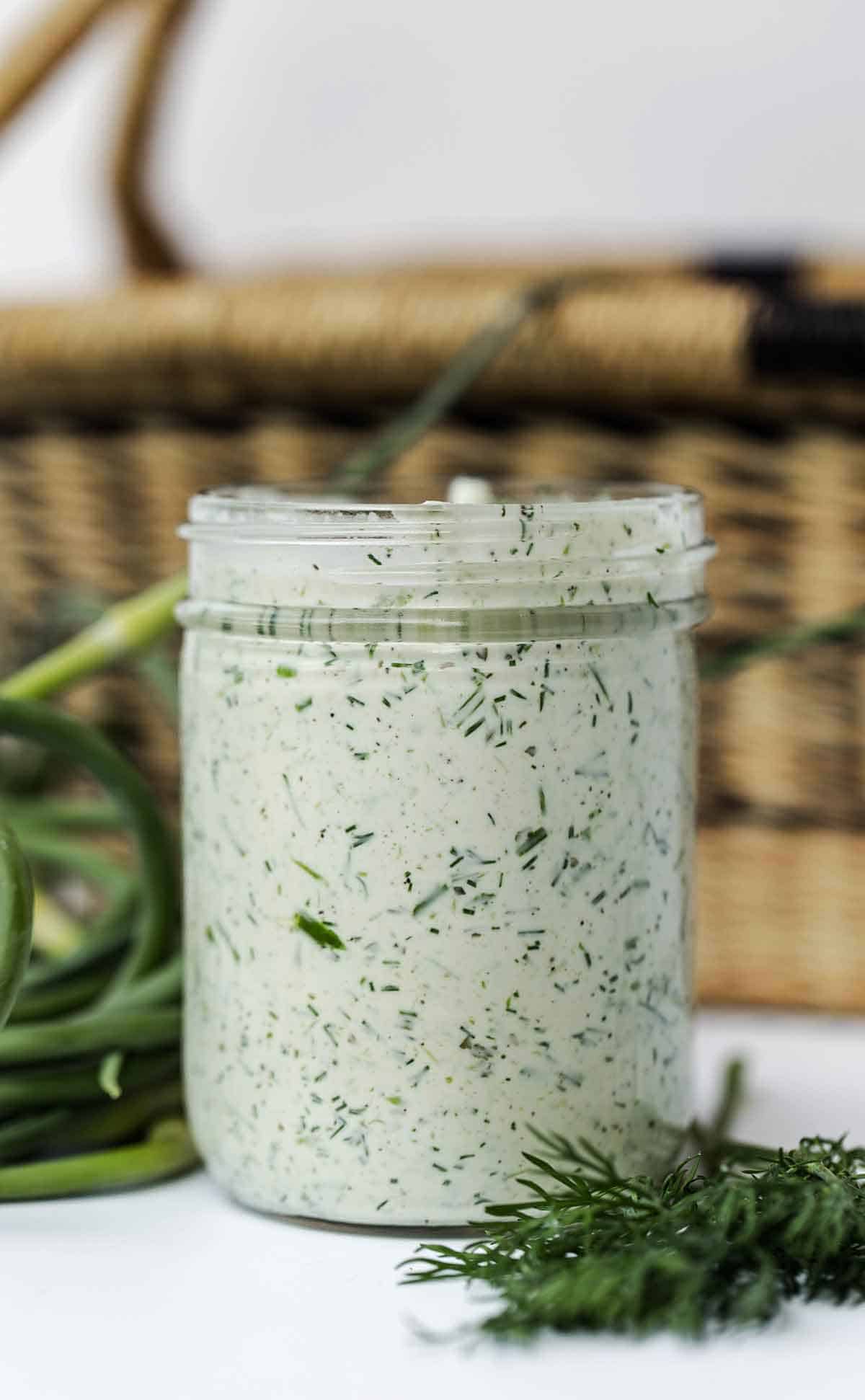 Ranch dressing with fresh herbs and garlic
scapes