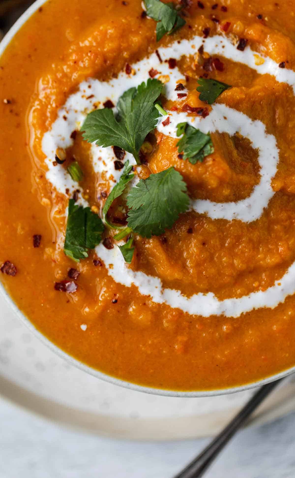 Carrot sweet potato soup close up