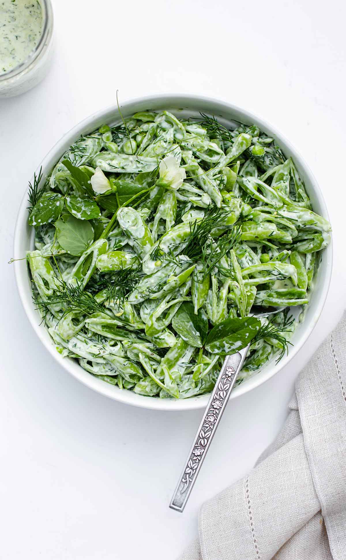 Bright green cold sugar snap pea salad recipe 