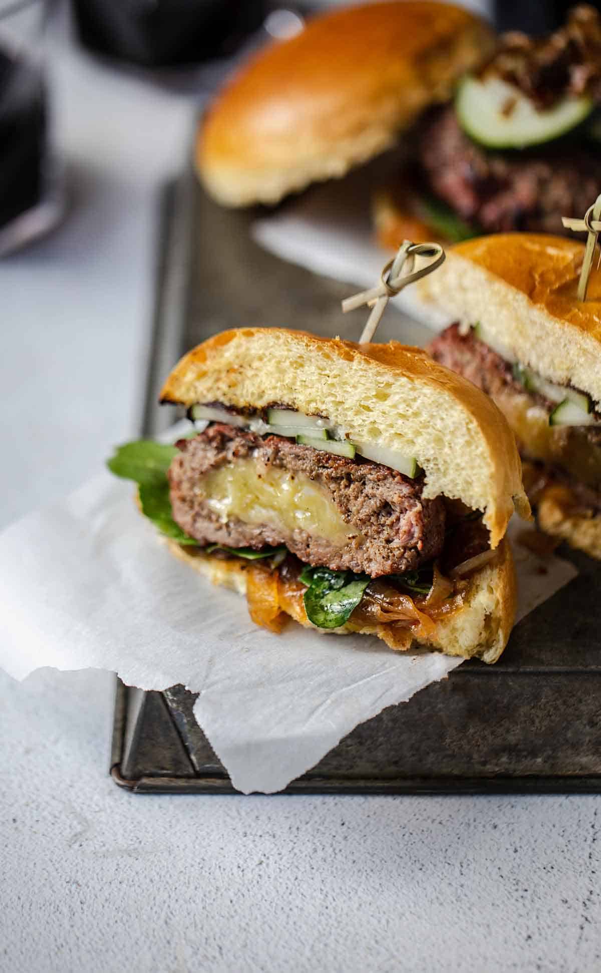 Smoked gouda burgers with a cheese stuffed burger patty.
