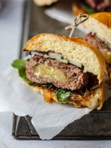 Smoked gouda burgers with a cheese stuffed burger patty.