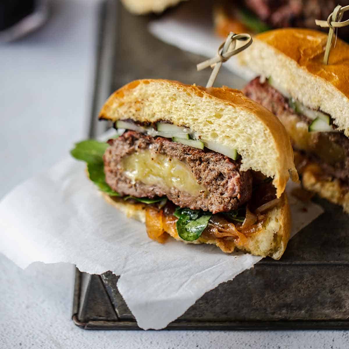 Smoked gouda burgers with a cheese stuffed burger patty.